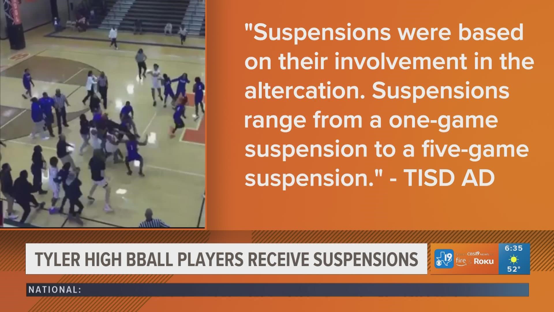 The suspensions ranged from one to five games, Tyler ISD athletic director Greg Priest said in a statement released on Wednesday.