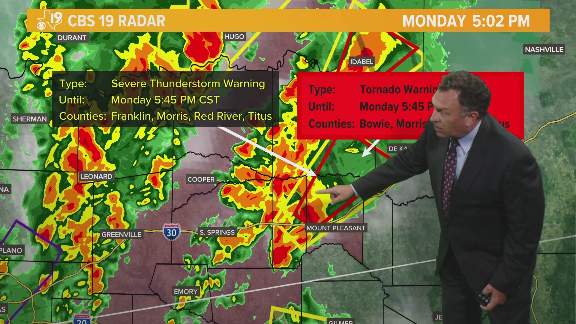 The CBS19 Weather Experts are providing an update on a Tornado Warning issued for multiple East Texas counties.