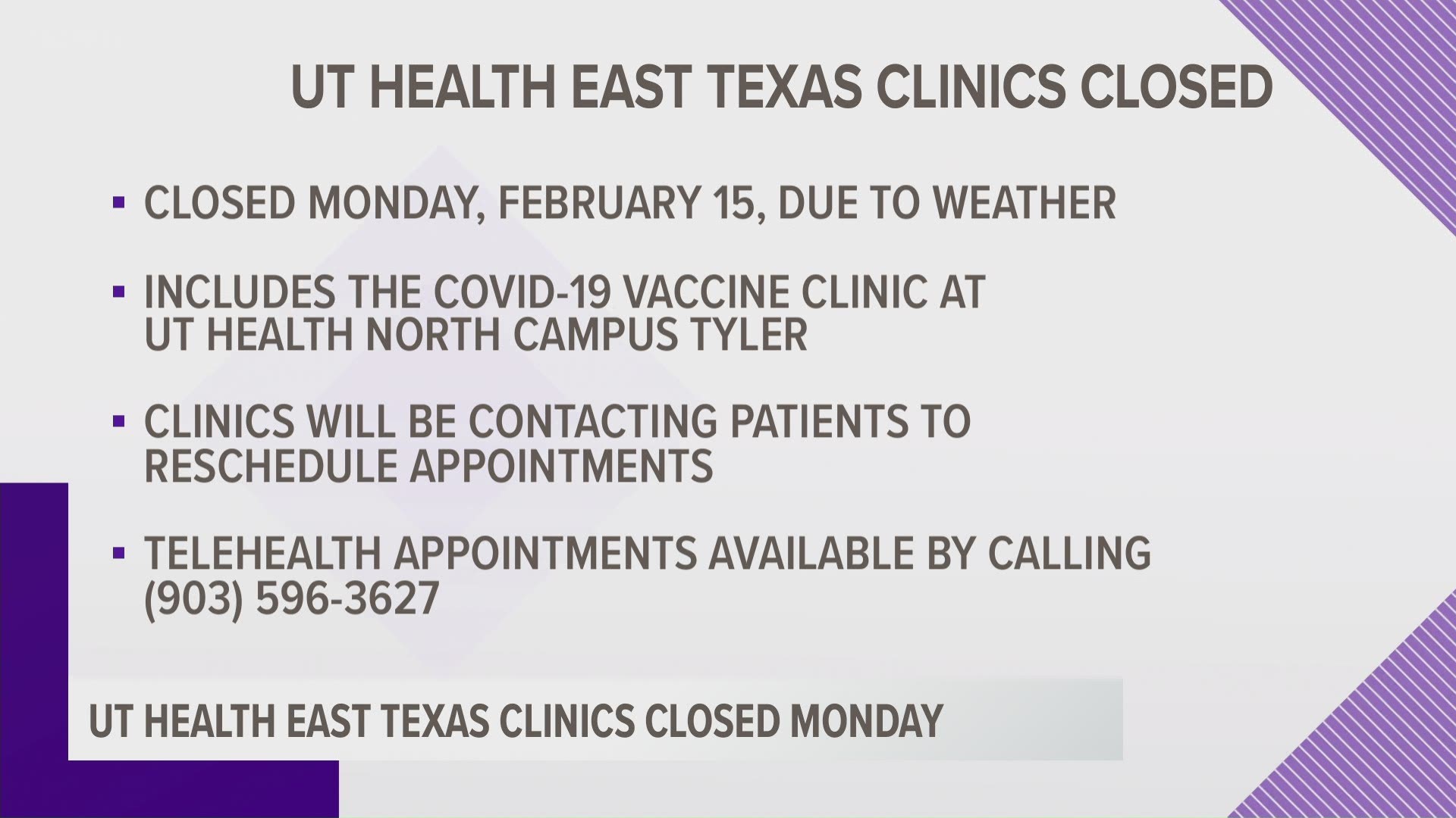 The health system says this also includes the COVID-19 vaccine clinic at the UT Health Science Center, located at 11937 U.S. Highway 271.