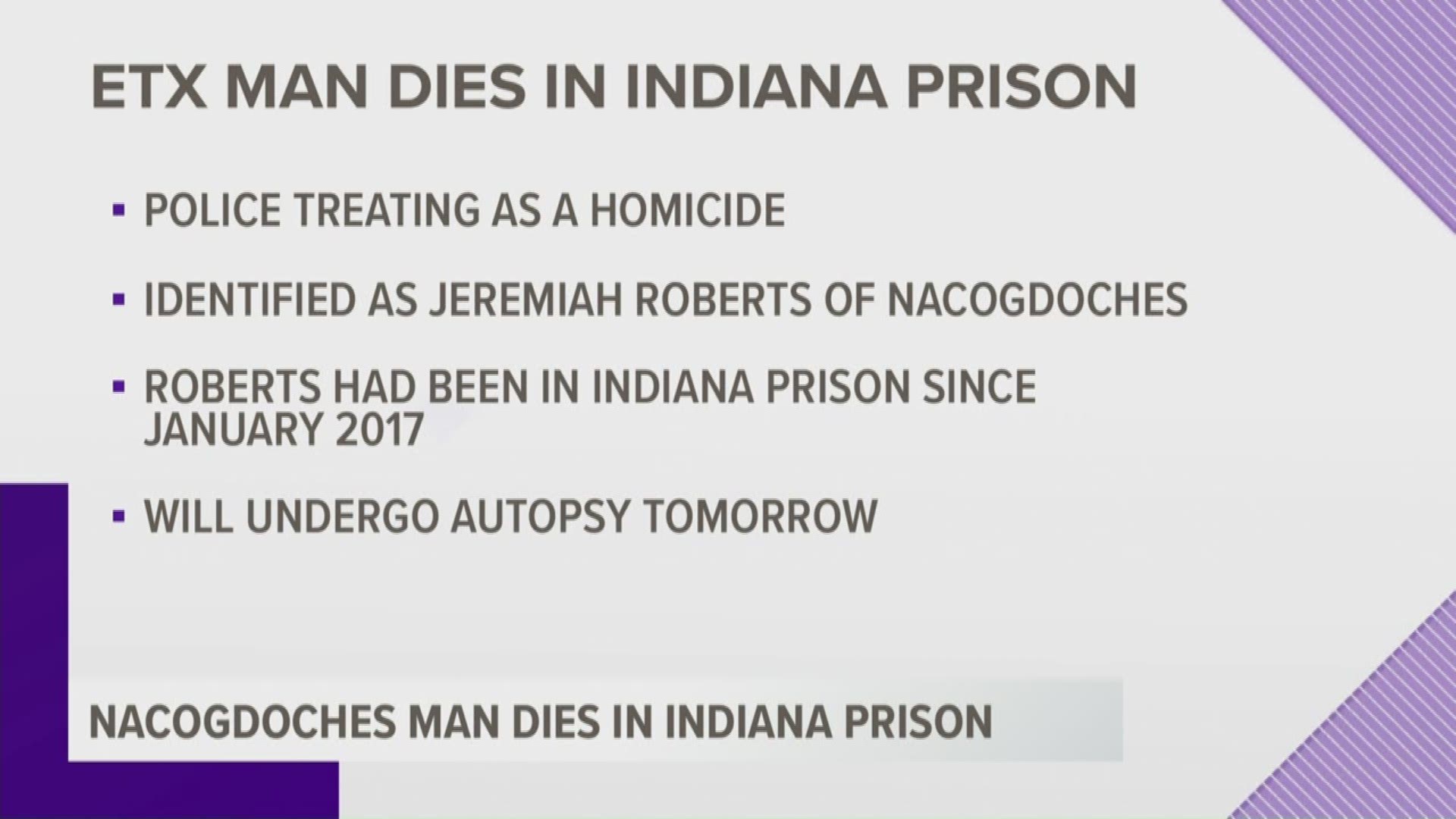 Jeremiah Roberts, 32, of Nacogdoches, had been serving time in the Wabash Valley Correctional Facility since 2017.