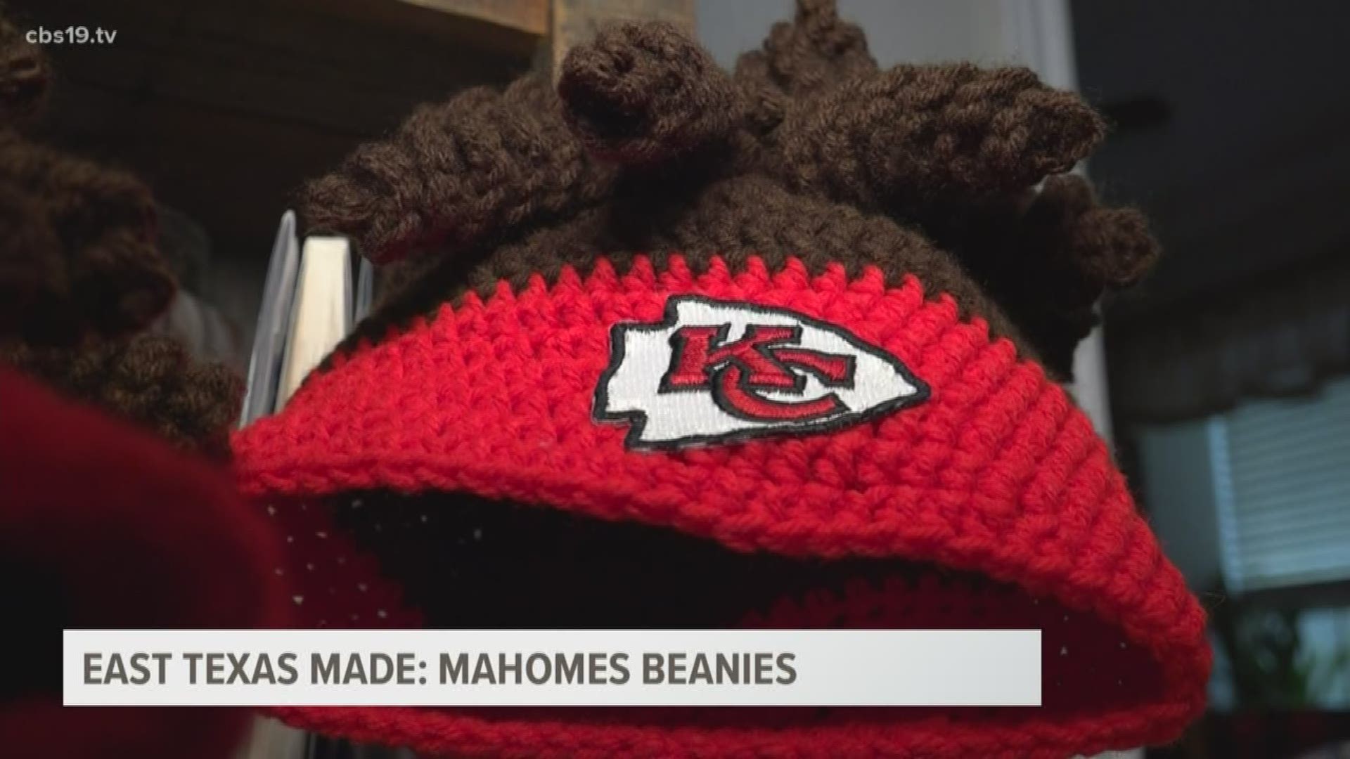 The hats are designed to look like Mahomes’ hair coming out of the top of his trademark headband.