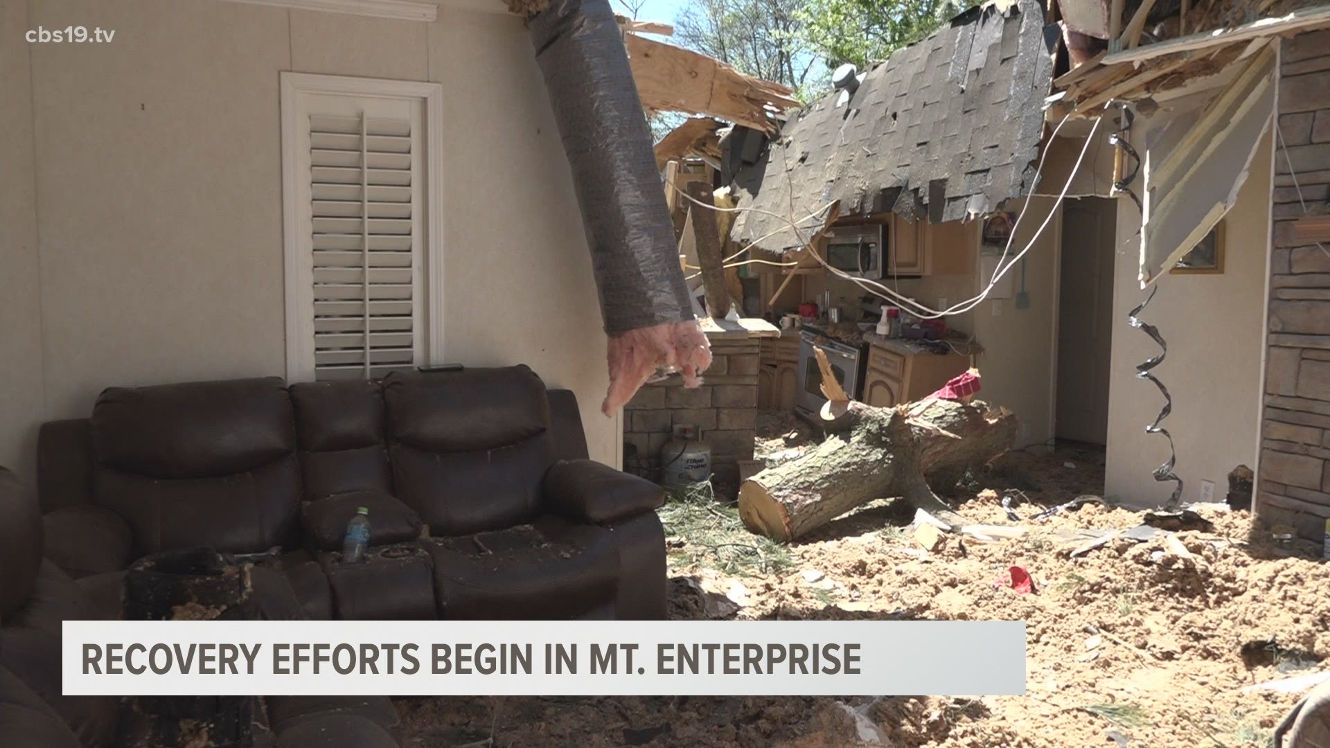 Cleanup and recovery efforts begin in Mt. Enterprise where an EF-2 tornado damaged homes on Saturday.