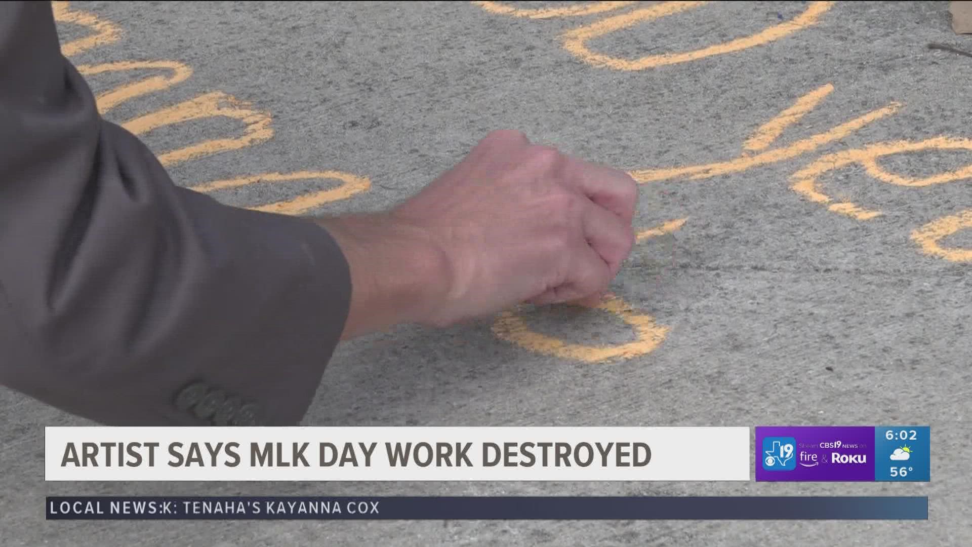 An artist in Longview wanted to represent Dr. Martin Luther King Jr. through his sidewalk art, but said he was met by an act of racism.