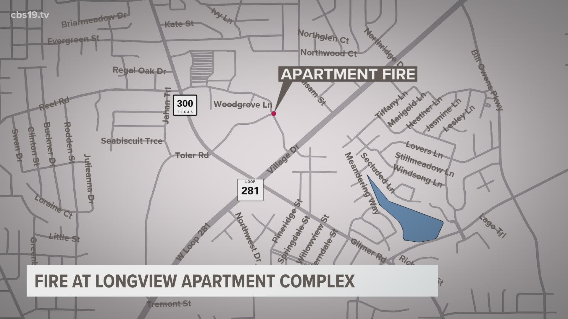 According to the Longview Fire Department, the fire broke out at the City Pines Apartments, located at 200 Village Drive, near Piney Woods Gymnastics.