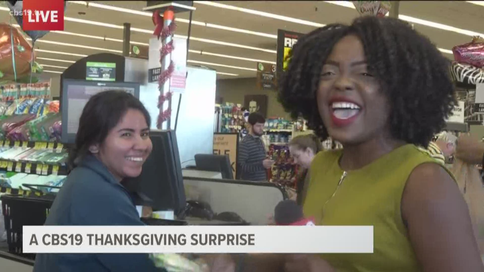 CBS19's LaDyrian Cole surprises random shoppers as they wrap up their shopping for tomorrow's Thanksgiving meal.