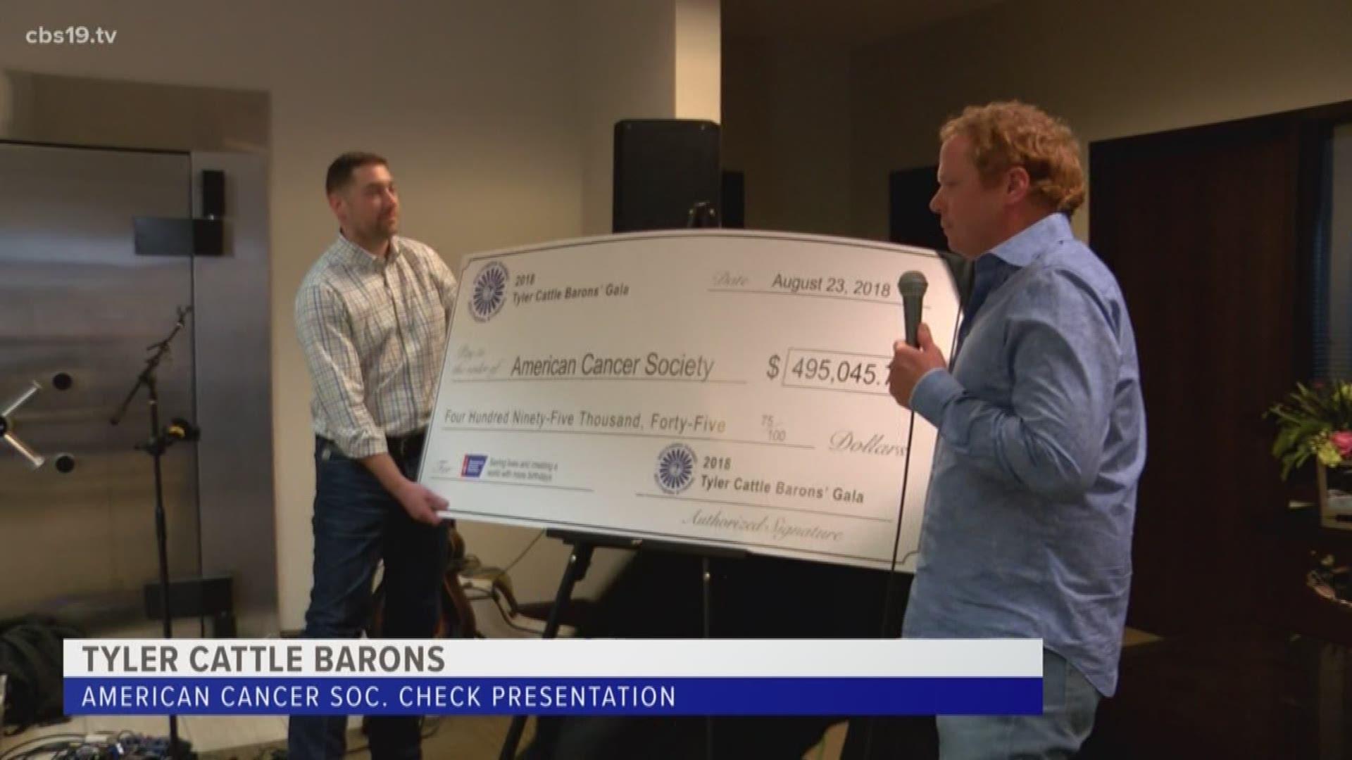 Members of the 2018 Tyler Cattle Barons committee unveiled a check for almost $500,000 for the American Cancer Society during a celebration in Tyler Thursday evening.  They also used the event to announce the 2019 gala's theme "Triple Crown, On Track For