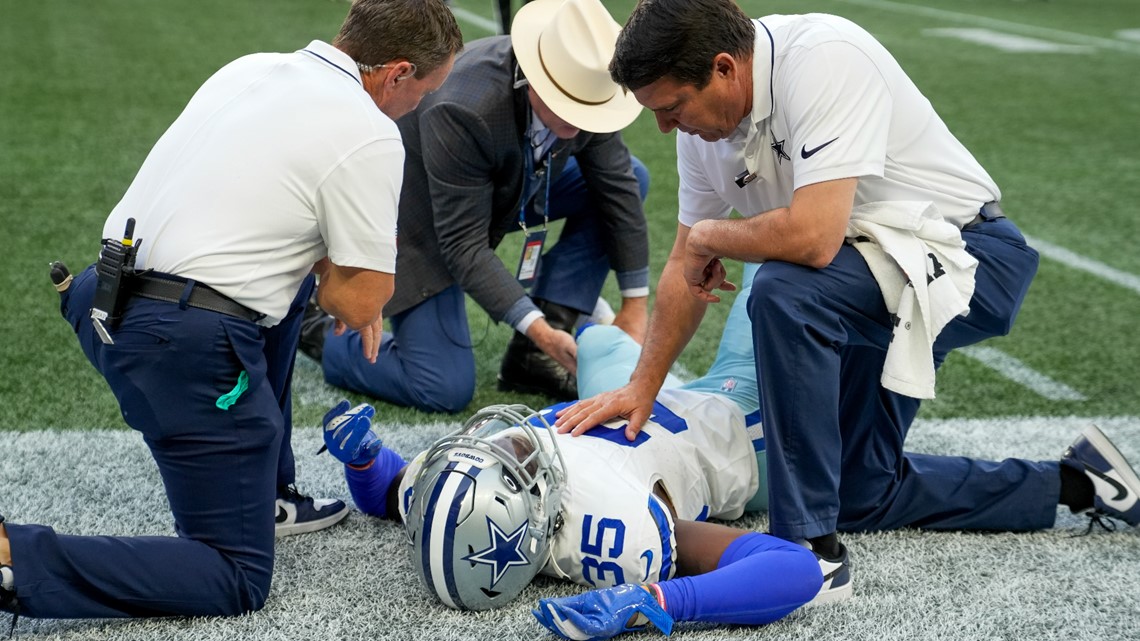 Dallas Cowboys linebacker DeMarvion Overshown stands on the field