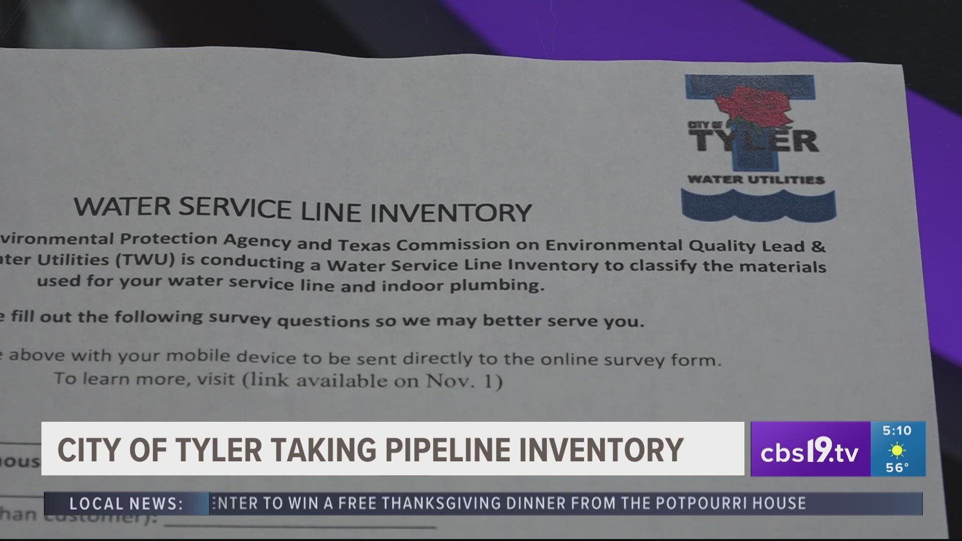 Tyler Water Utilities asks customers to complete survey to take inventory of water service line materials