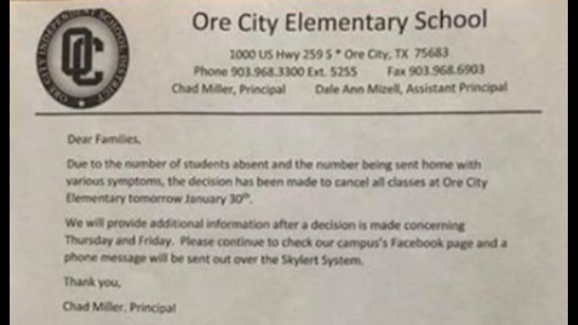 Wednesday classes canceled at Ore City Elementary due to illnesses