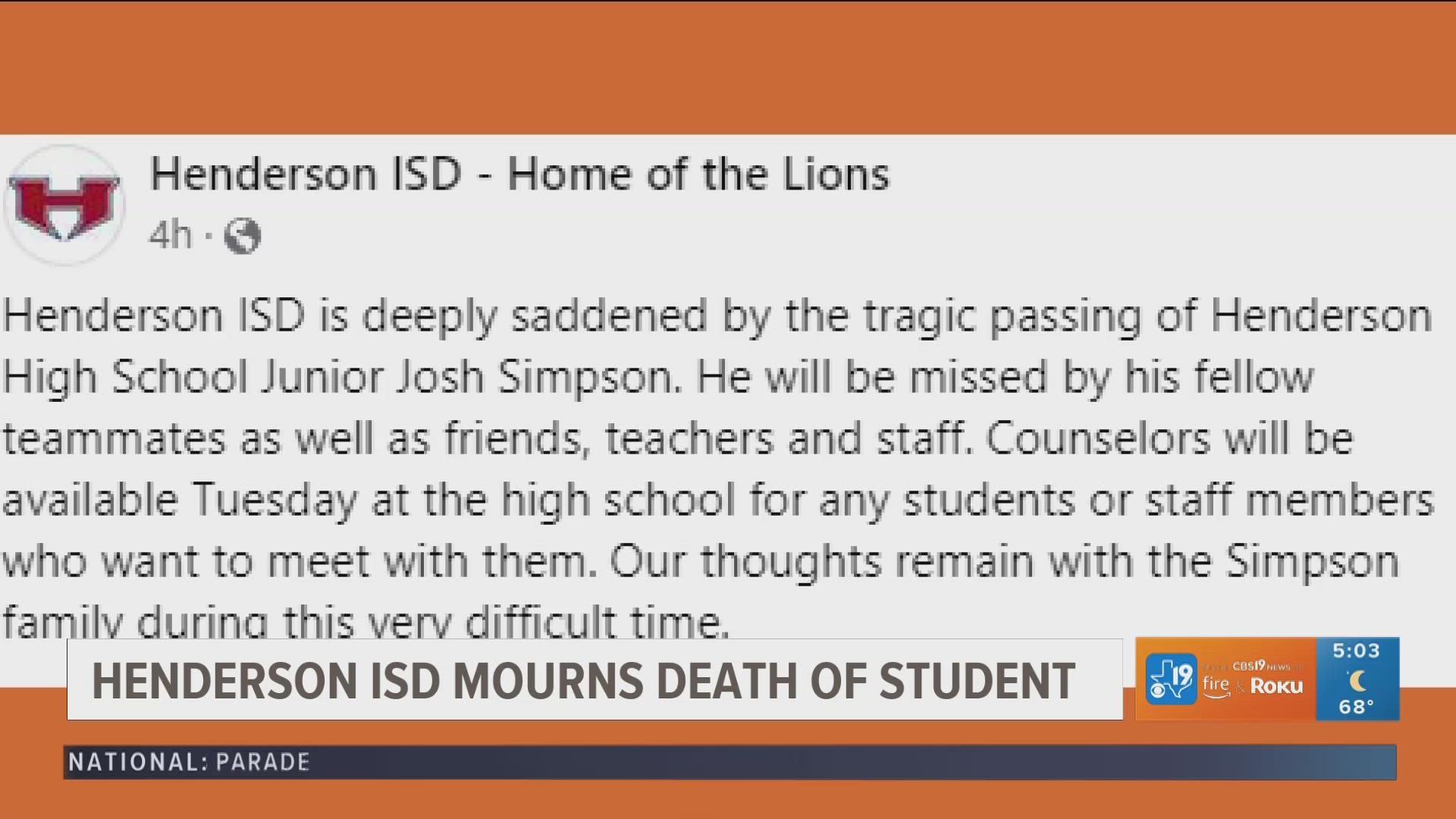 "He will be missed by his fellow teammates as well as friends, teachers and staff," HISD said.