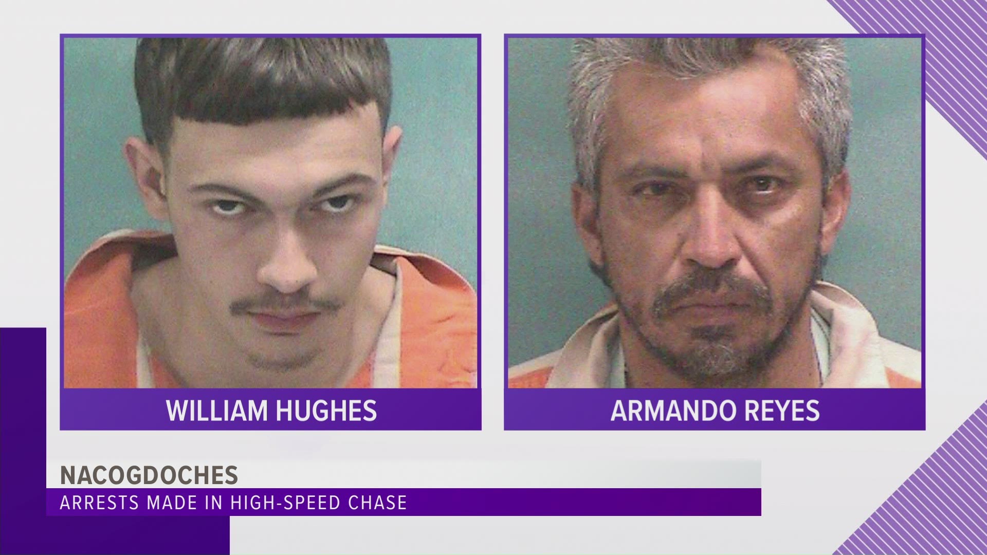 Two men were arrested Thursday afternoon after leading law enforcement on a high-speed chase that started in the city of Nacogdoches and ended in Rusk County.