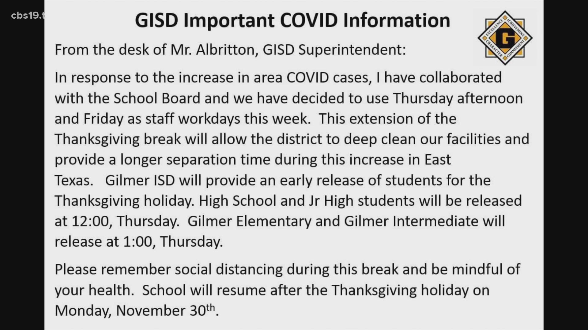 School will resume after the Thanksgiving break on Monday, Nov. 30.