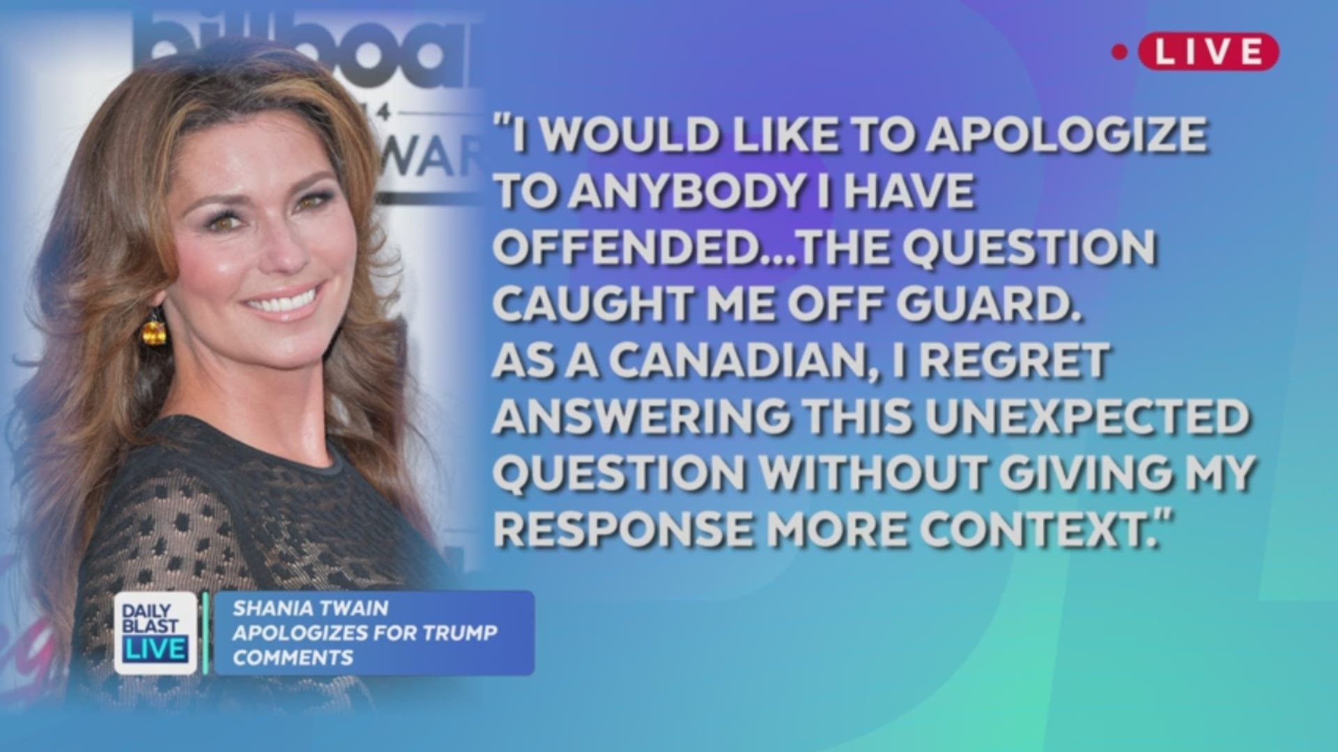 Man, Shania Twain feels like an apology. The Canadian singer is in hot water after admitting that she would have voted for Donald Trump in the 2016 presidential election. Twain later backpedaled her remarks and publicly apologized to anyone offended, but 