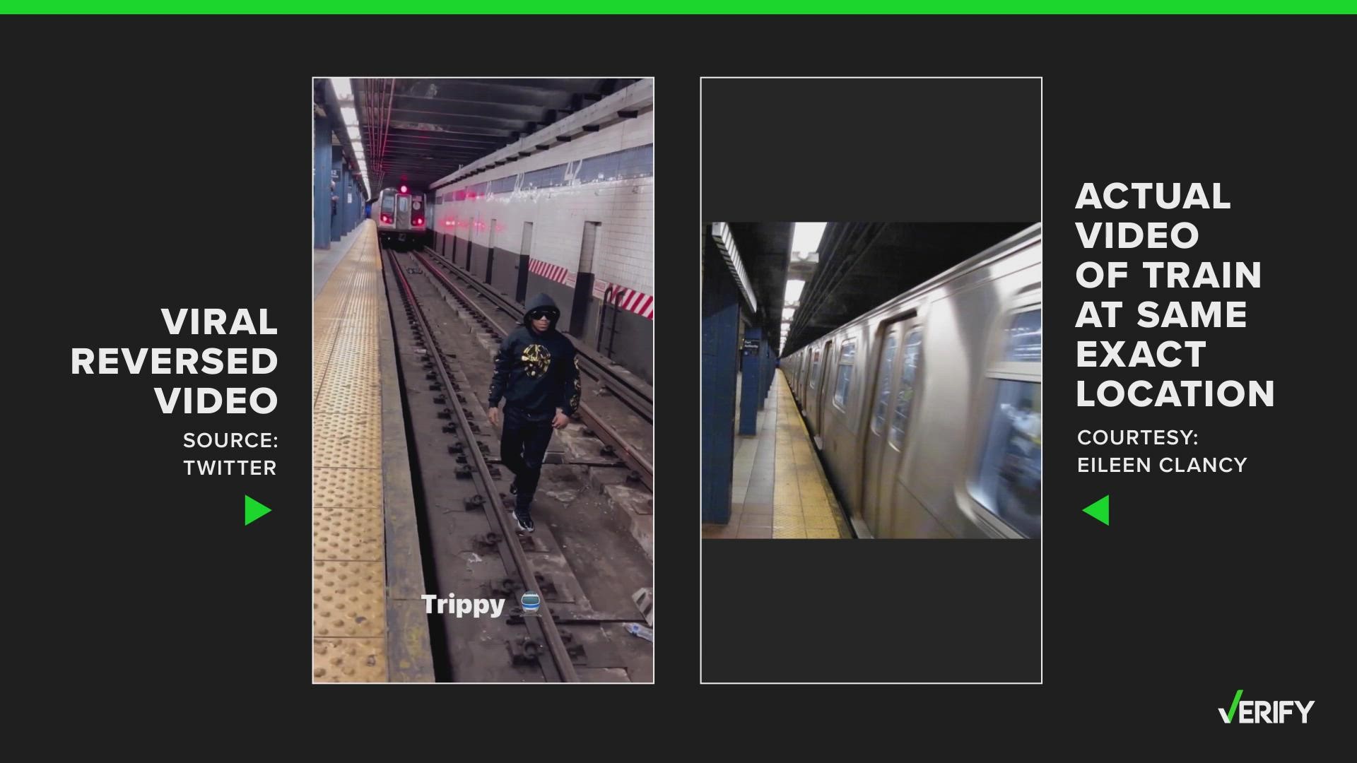 A viral stunt video claims to show a man jumping from NYC subway tracks onto the platform moments before a train passes, but it was edited.