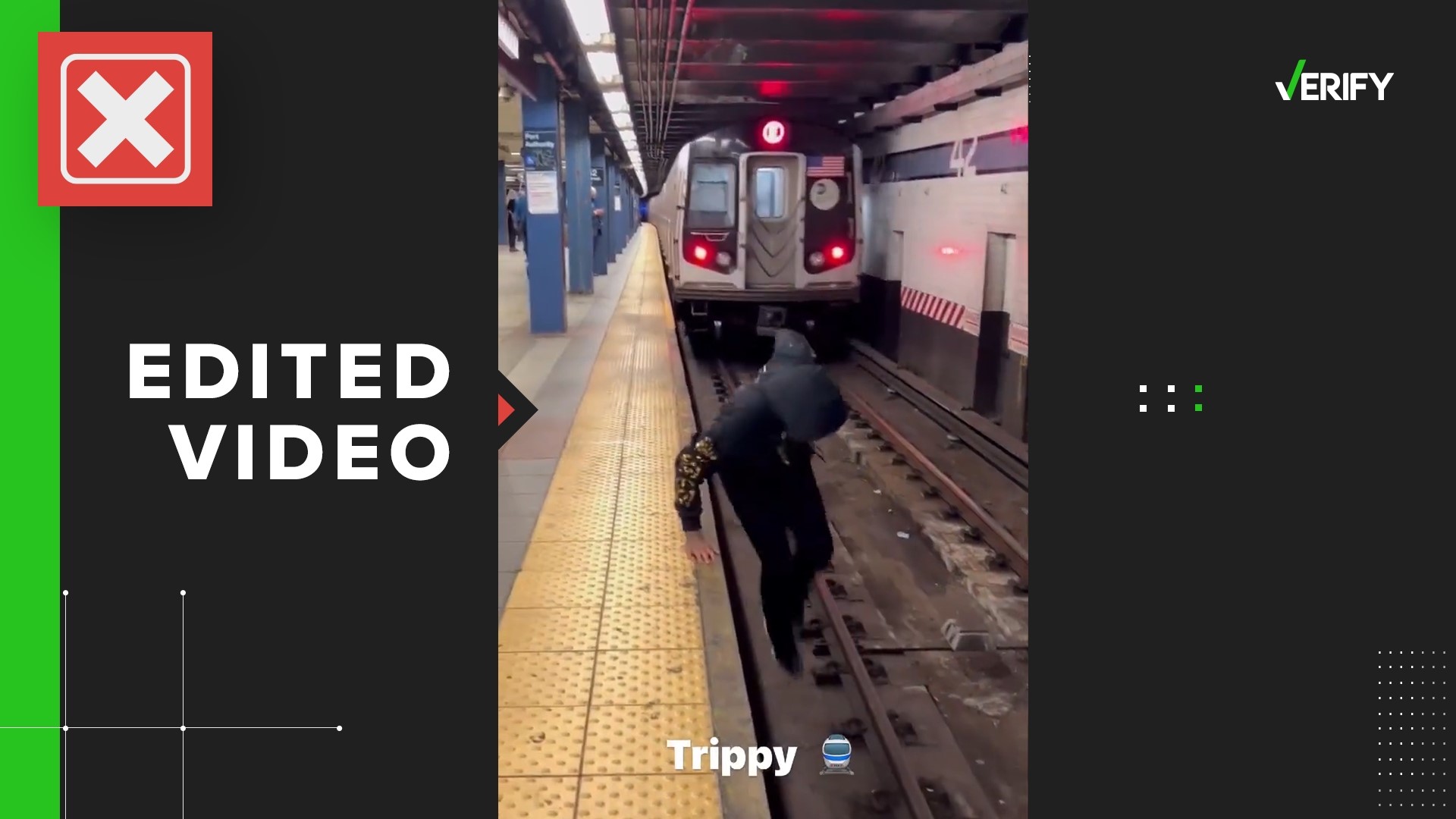 A viral stunt video claims to show a man jumping from the subway tracks onto the platform moments before a train passes, but it was edited.