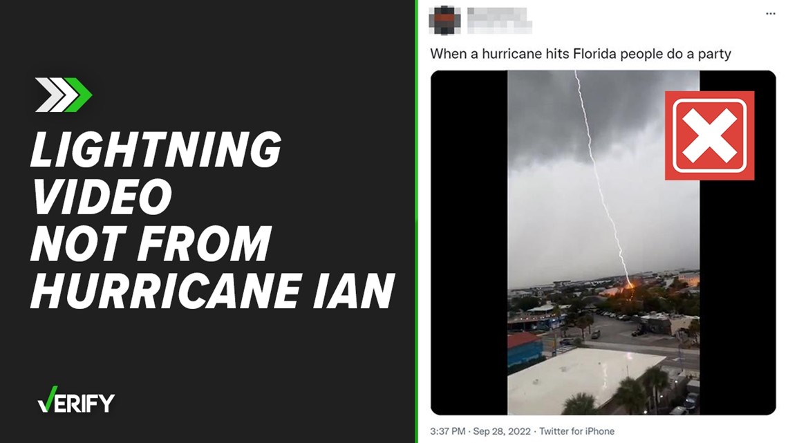 No, a video showing people on a balcony with drinks as lightning strikes was not taken during Hurricane Ian