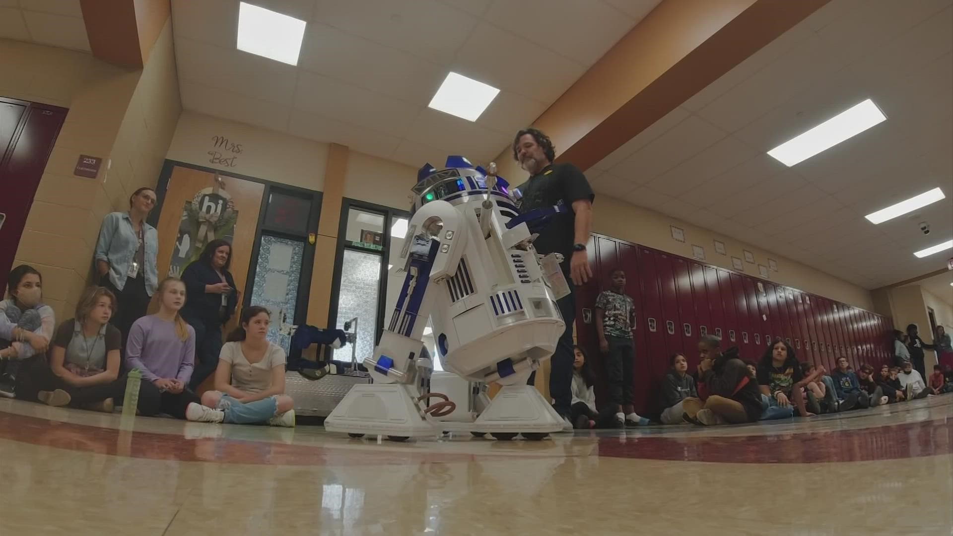 Douglas Bickert built a life-sized R2-D2 droid to discuss bullying with kids and how they can overcome bullying and adversity.