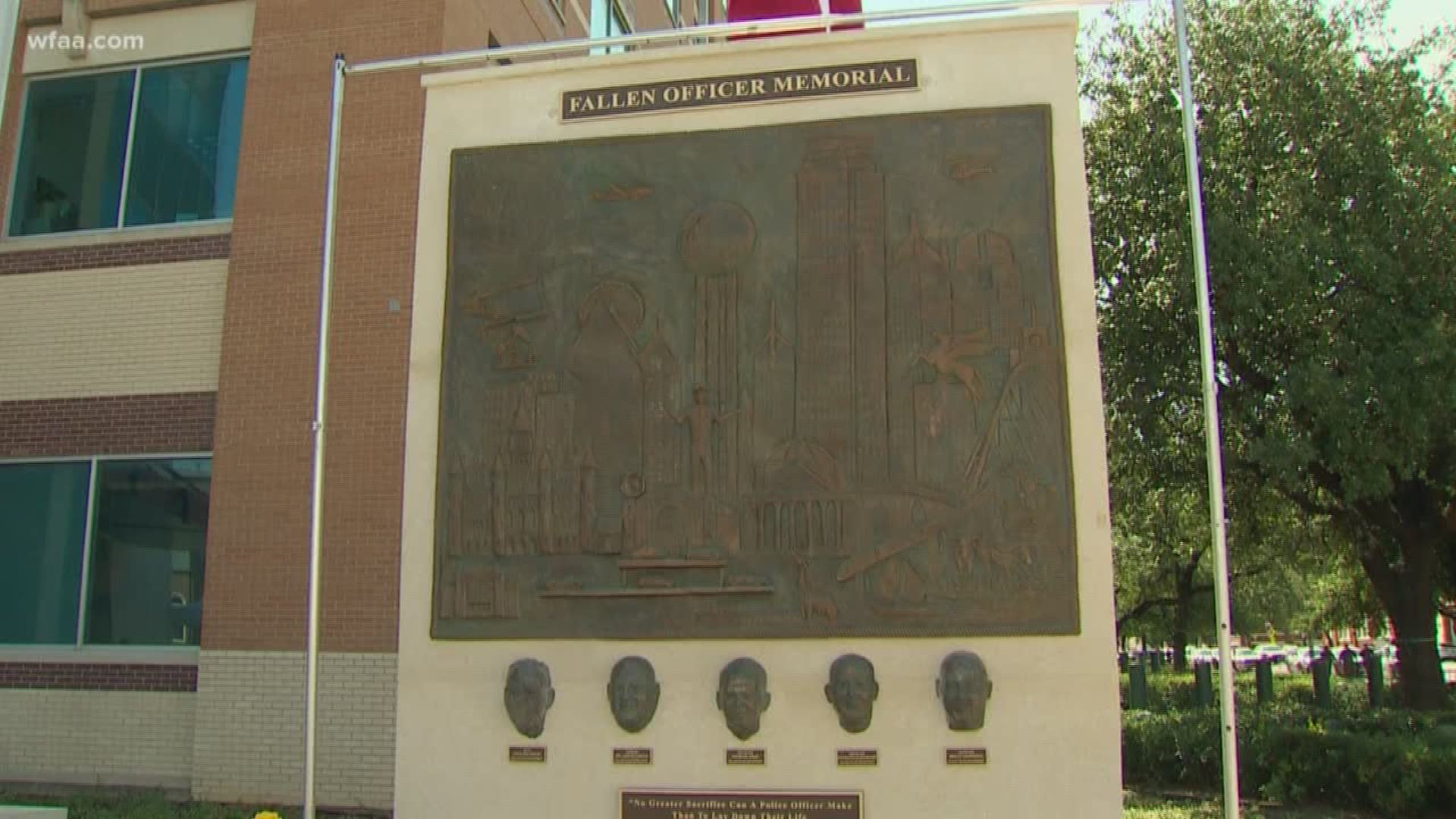 The Dallas Police Department unveiled a new monument Monday dedicated to the fallen officers in front of its headquarters.