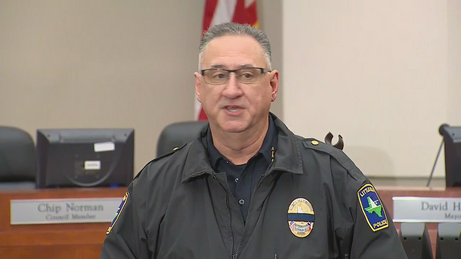 Little Elm Police Chief Rodney Harrison updates the media on Tuesday's shooting that killed Detective Jerry Walker.