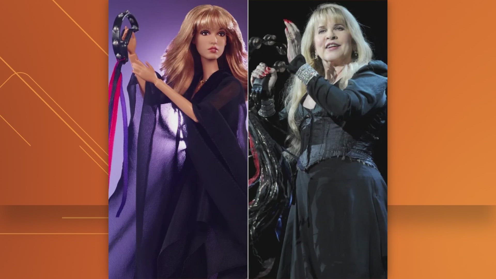 The Barbie pays tribute to Nicks' "Rumours" era with a black dress and cape, black platform boots, and a tambourine.