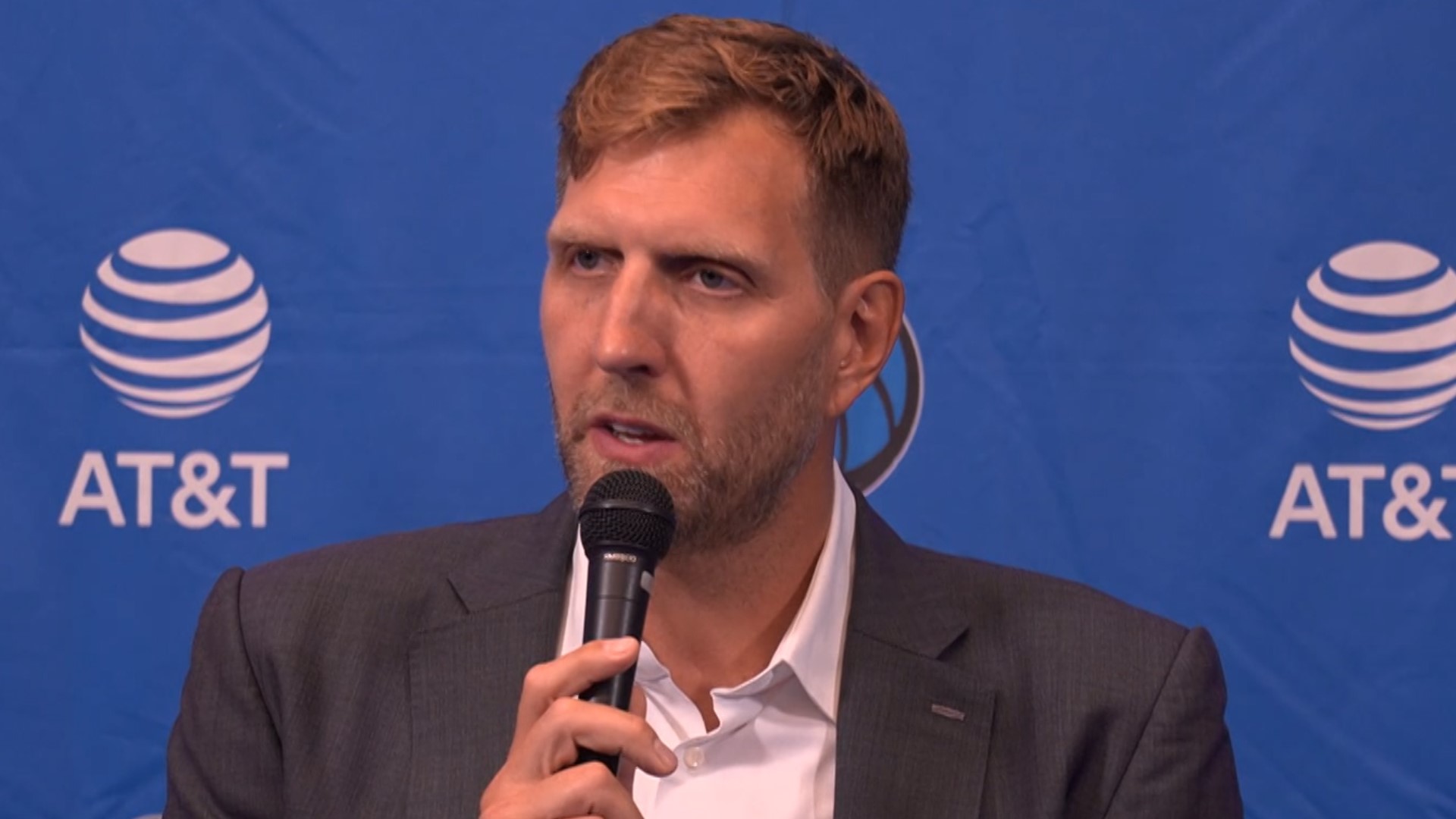 Dallas Mavericks legend Dirk Nowitzki talks to the media prior to his August 12 Hall of Fame Enshrinement in Springfield, Mass.