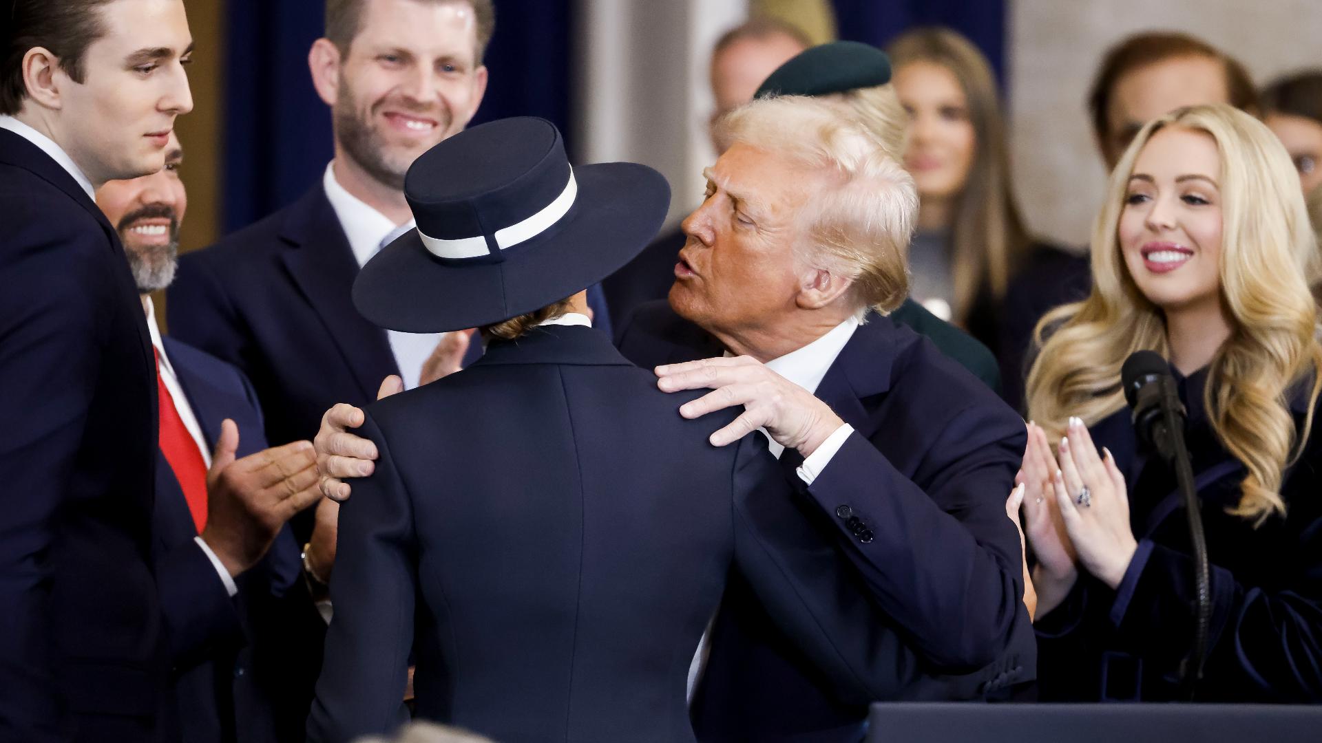 melania trump wore a navy blue dress on inauguration day. Skies Are Blue Floral-Print Tiered Maxi Dress main image 1
