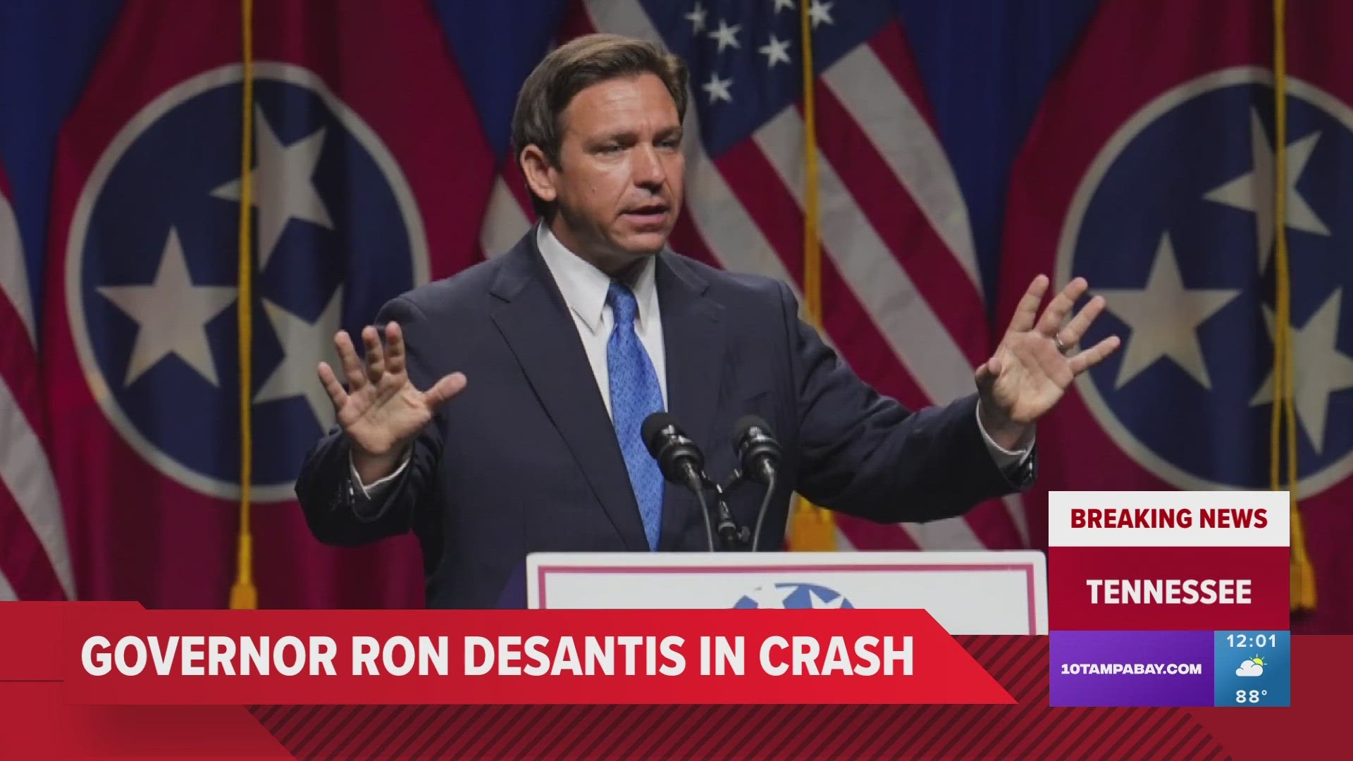 Florida Gov. Ron DeSantis was in a car crash Tuesday morning while en route to a campaign event in Tennessee, his spokesperson said in a statement.