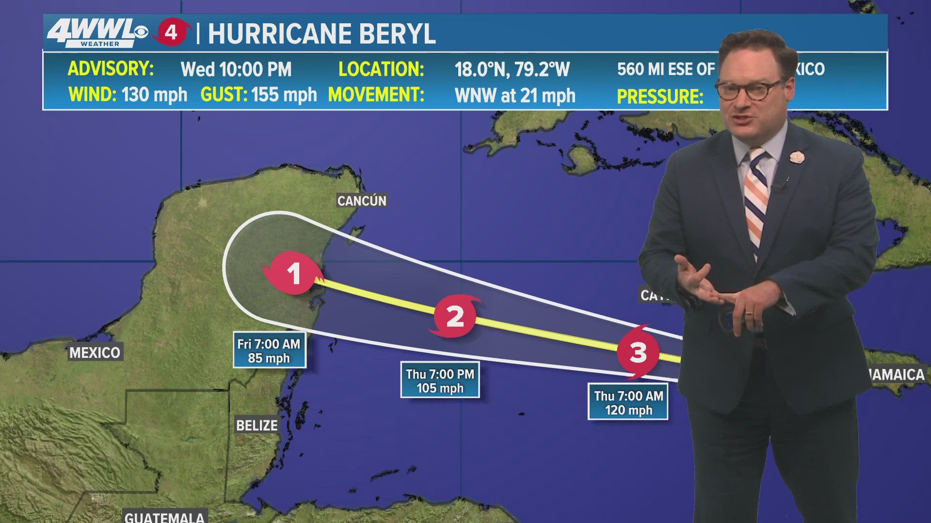 Chief meteorologist Chris Franklin says Winds have come down a bit to 130 mph, but Hurricane Beryl is still a Category 4.